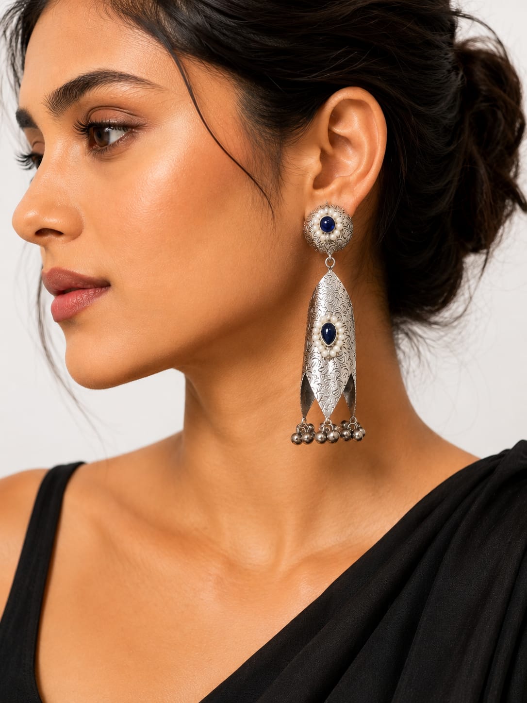 Neelofar Oxidised Silver Lapis Blue Stone Leaf Dangler Earrings for Women