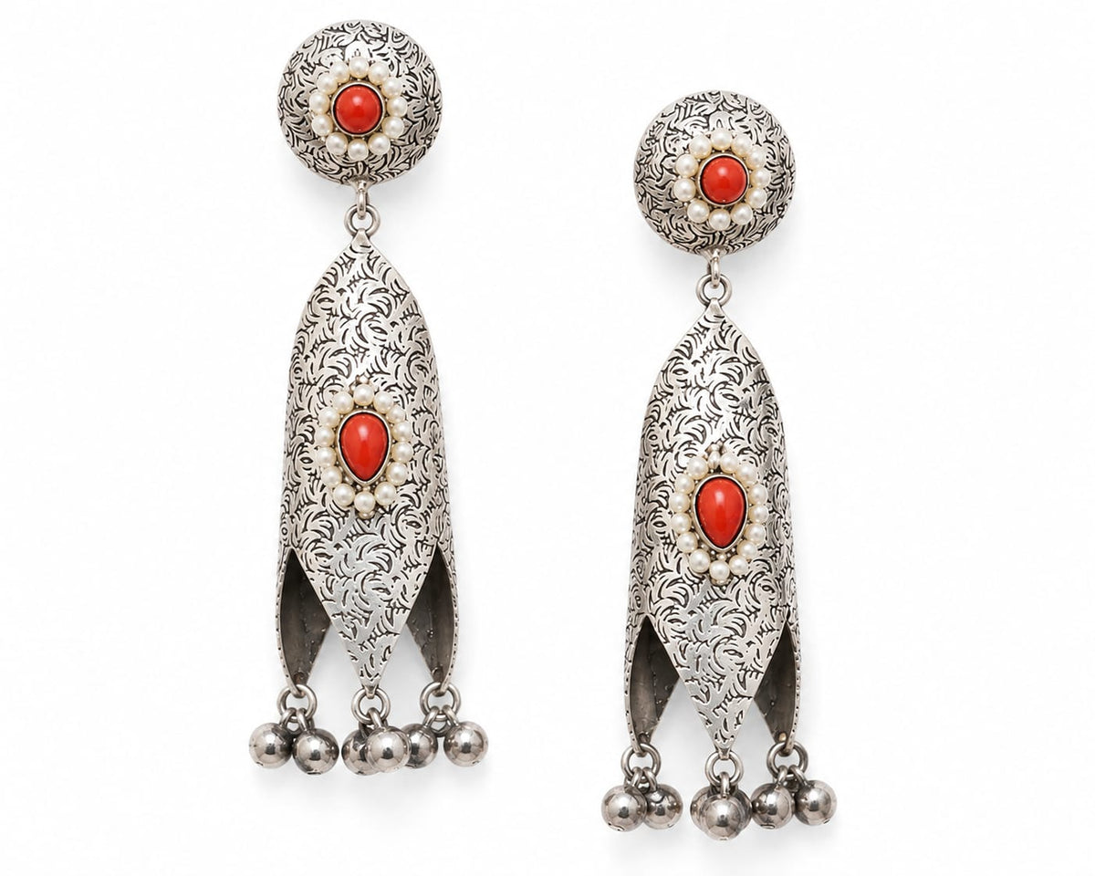 Surkhaab Oxidised Silver Red Coral Leaf Dangler Earrings for Women