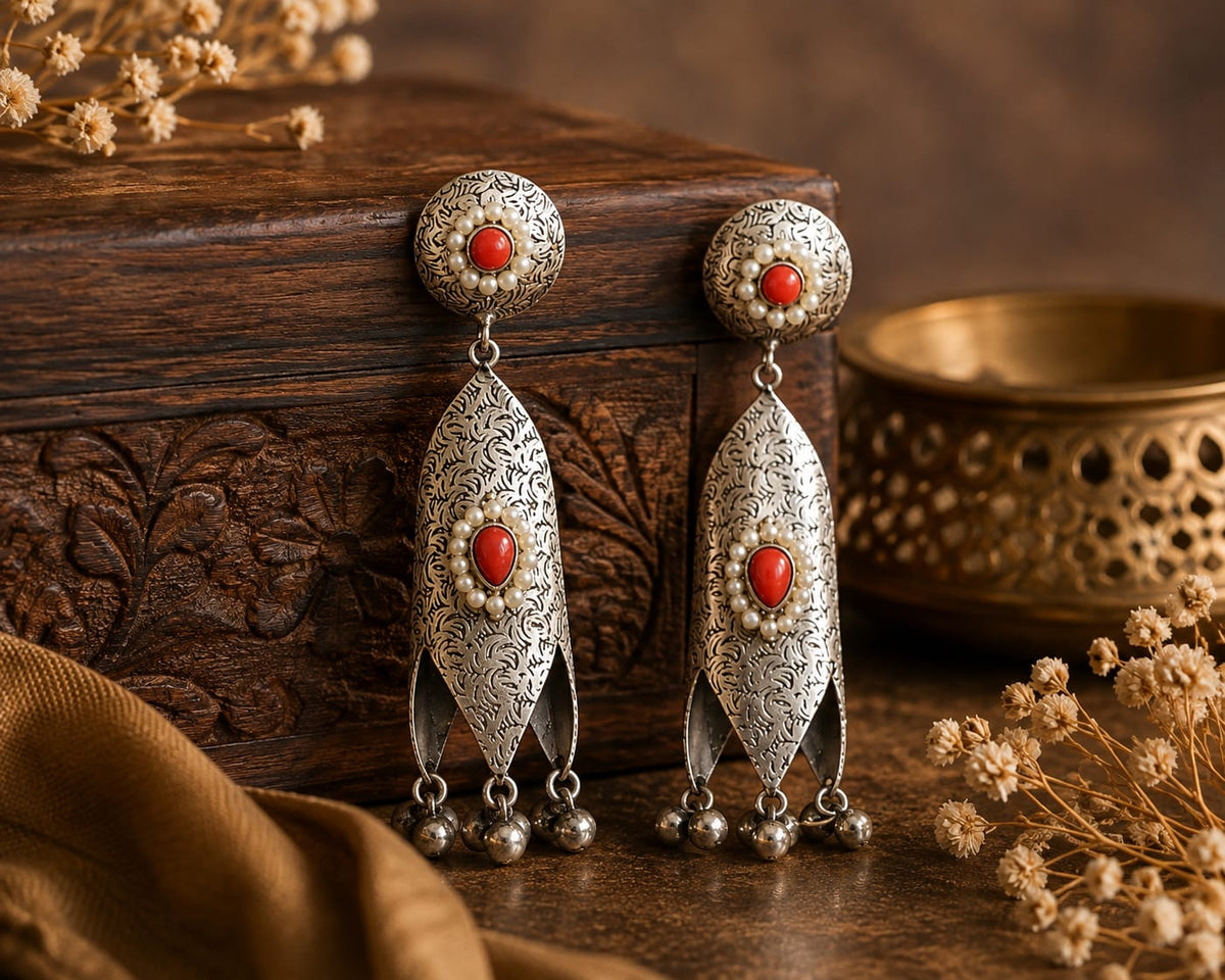 Surkhaab Oxidised Silver Red Coral Leaf Dangler Earrings for Women