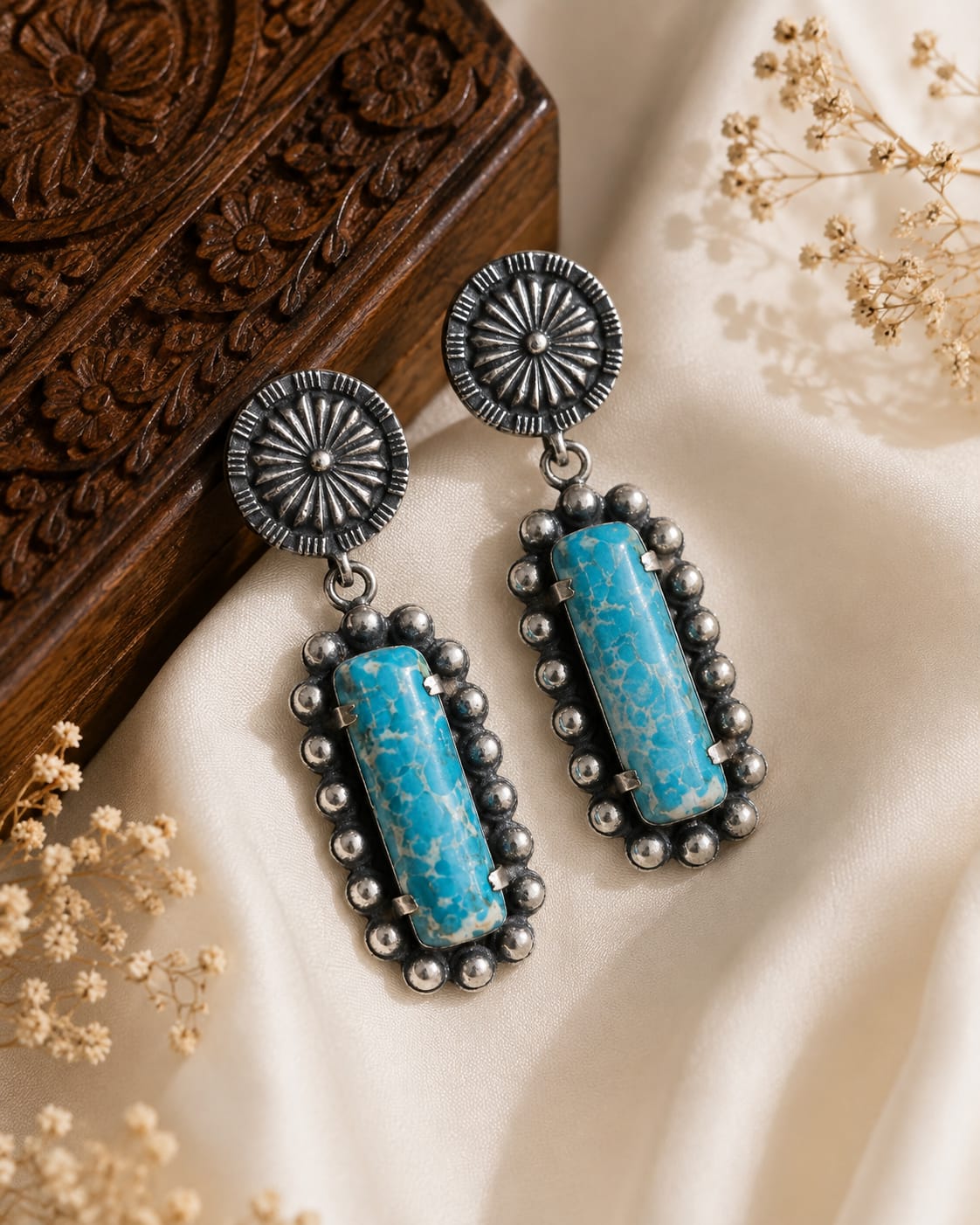 Sahara Oxidised Silver Turquoise Stone Statement Drop Earrings for Women