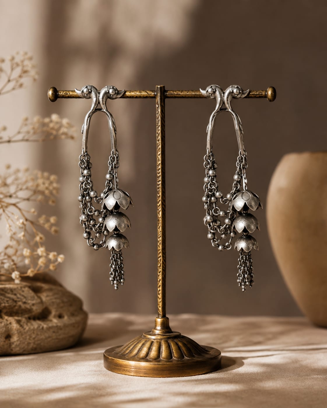 Jhoomar Oxidised Silver Chain Drape Ghungroo Hoop Earrings for Women
