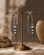 Jhoomar Oxidised Silver Chain Drape Ghungroo Hoop Earrings for Women