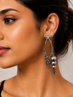 Jhoomar Oxidised Silver Chain Drape Ghungroo Hoop Earrings for Women