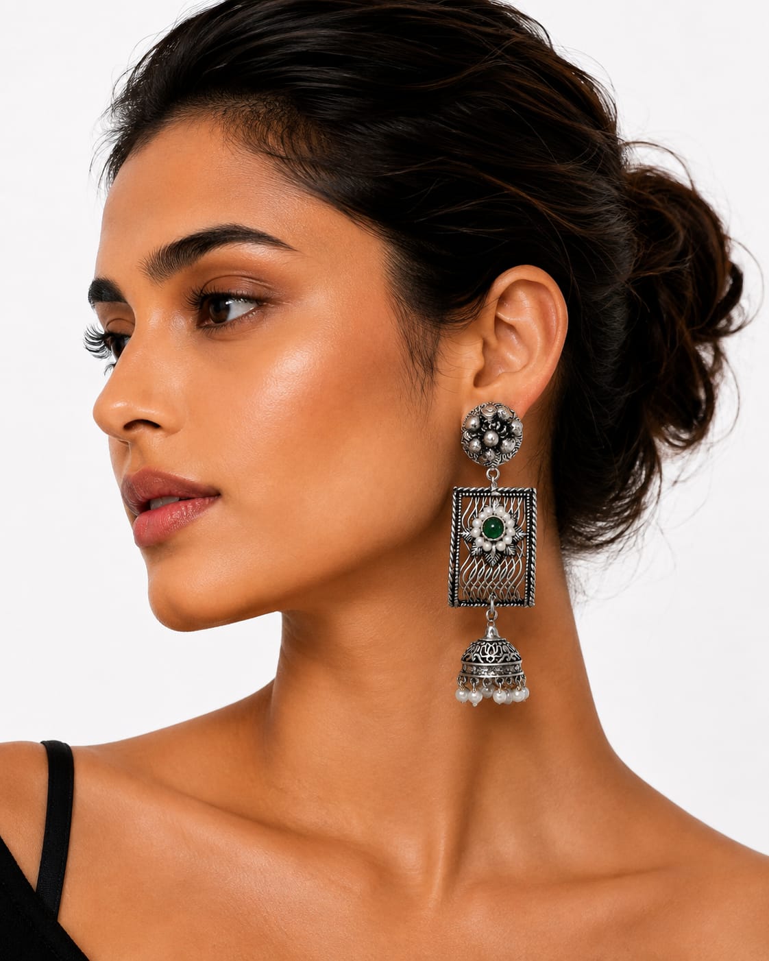 Hariyali Oxidised Silver Green Stone Filigree Jhumka Earrings for Women