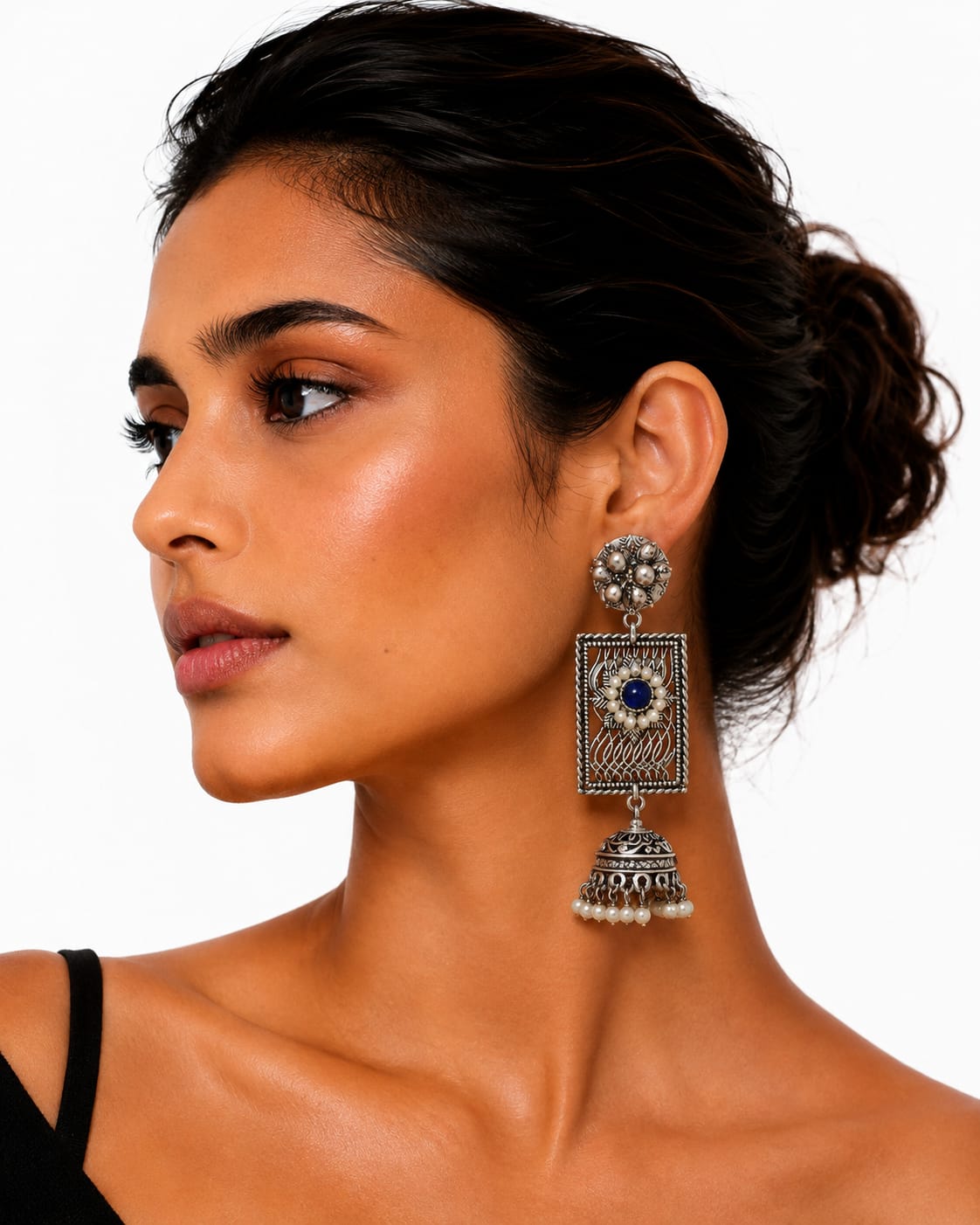 Nilambari Oxidised Silver Lapis Blue Filigree Jhumka Earrings for Women