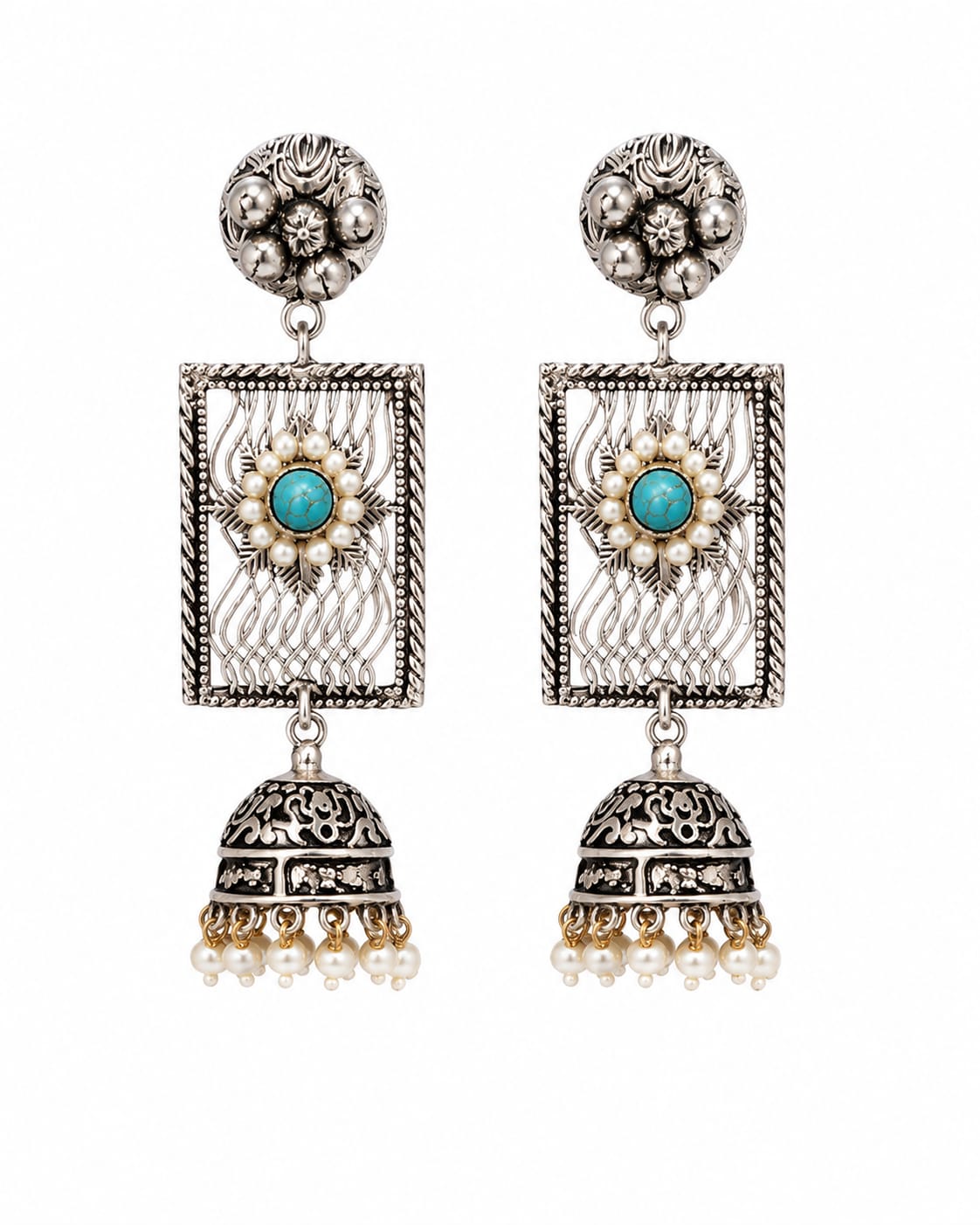 Piroza Oxidised Silver Turquoise Filigree Jhumka Earrings for Women