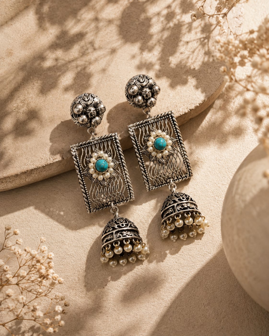 Piroza Oxidised Silver Turquoise Filigree Jhumka Earrings for Women