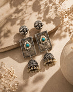 Piroza Oxidised Silver Turquoise Filigree Jhumka Earrings for Women
