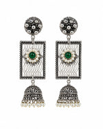 Hariyali Oxidised Silver Green Stone Filigree Jhumka Earrings for Women