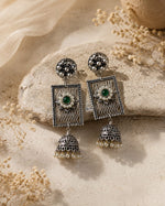 Hariyali Oxidised Silver Green Stone Filigree Jhumka Earrings for Women