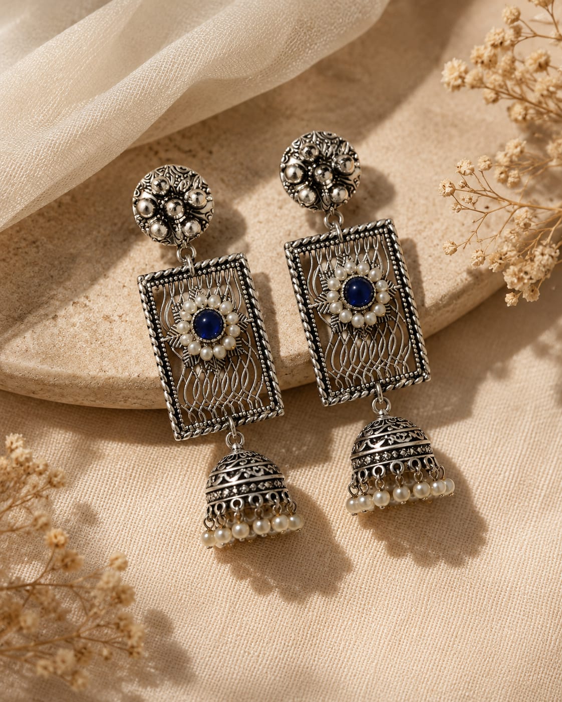 Nilambari Oxidised Silver Lapis Blue Filigree Jhumka Earrings for Women