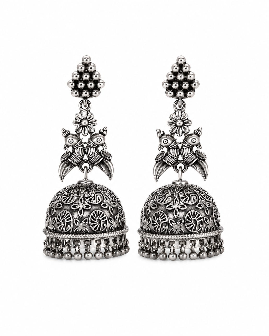 Morni Oxidised Silver Peacock Motif Dome Jhumka Earrings for Women