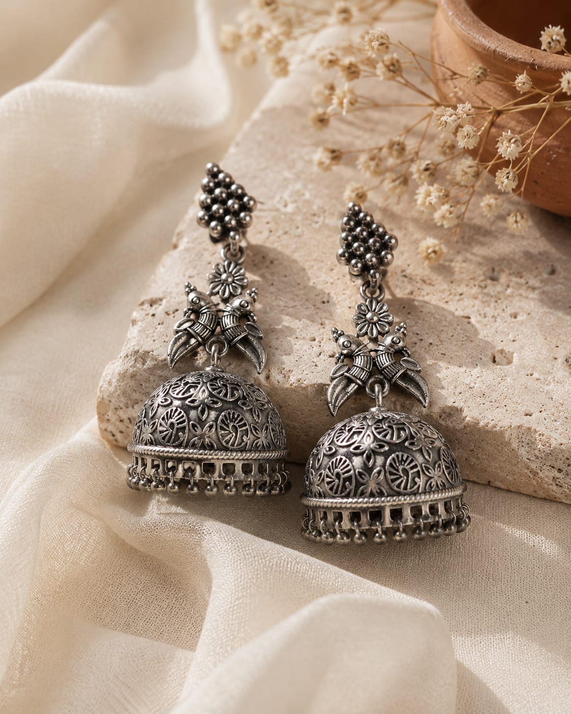 Morni Oxidised Silver Peacock Motif Dome Jhumka Earrings for Women