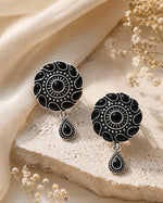 Kajal Oxidised Silver Black Stone Round Drop Earrings for Women