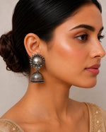 Suraiya Oxidised Silver Kundan Sunburst Jhumka Earrings for Women