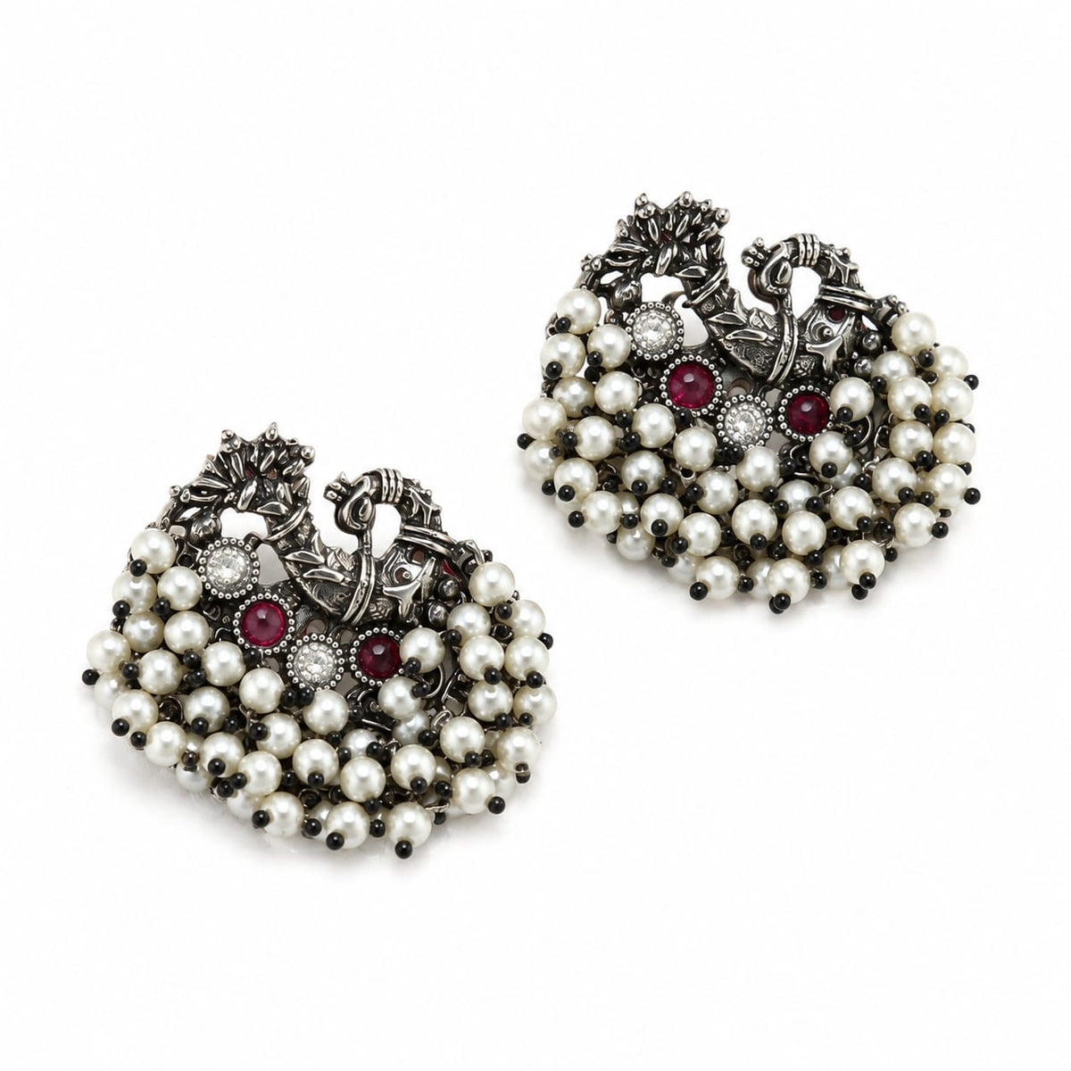 Mayuri Oxidised Silver Peacock Pearl Cluster Stud Earrings for Women