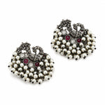 Mayuri Oxidised Silver Peacock Pearl Cluster Stud Earrings for Women
