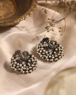 Mayuri Oxidised Silver Peacock Pearl Cluster Stud Earrings for Women