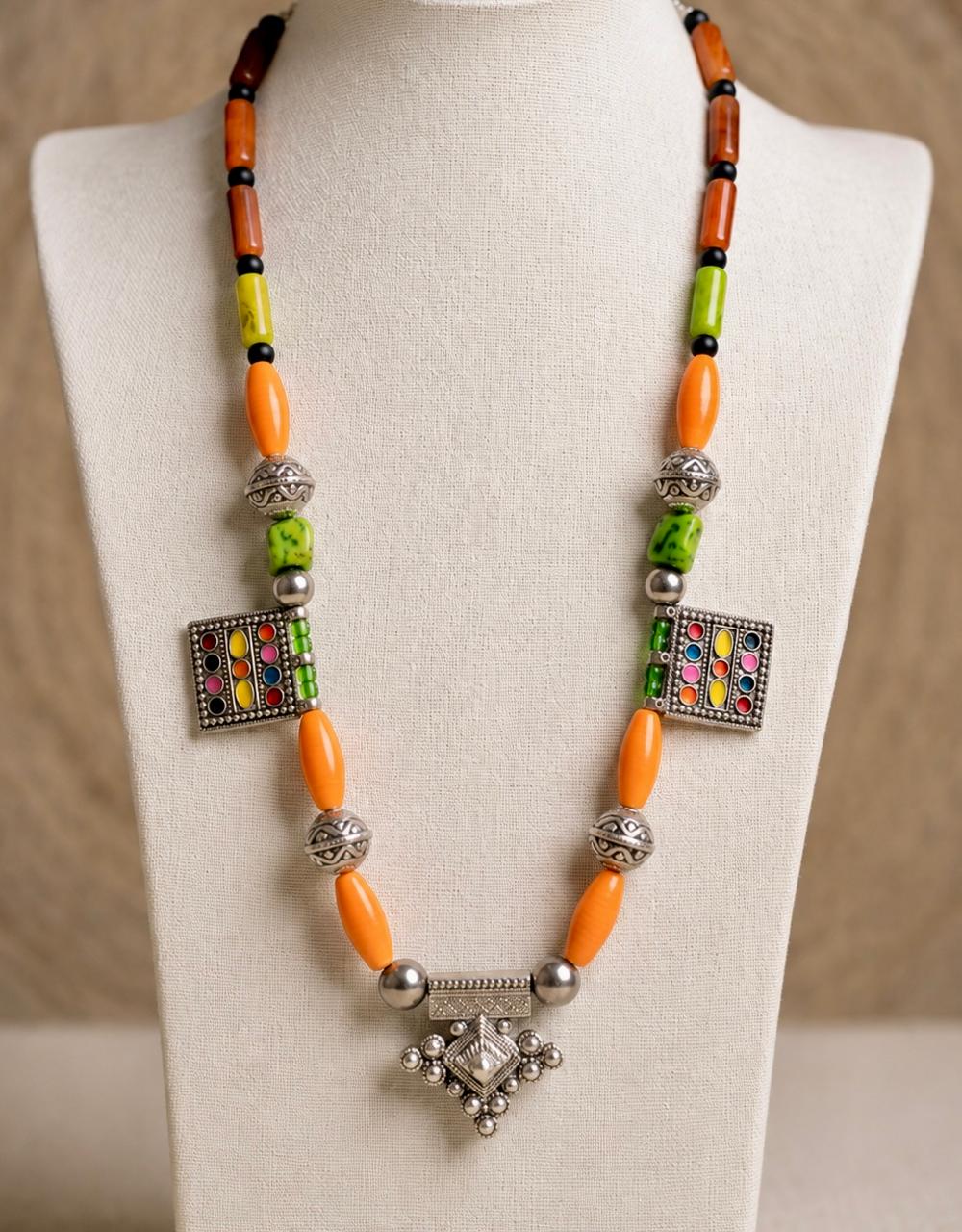 Taroudant Silver Enamel Plaque Orange Bead Moroccan Berber Tribal Necklace for Women