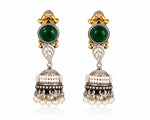 Saanjh Dual Tone Green Stone Pearl Jhumka Earrings for Women