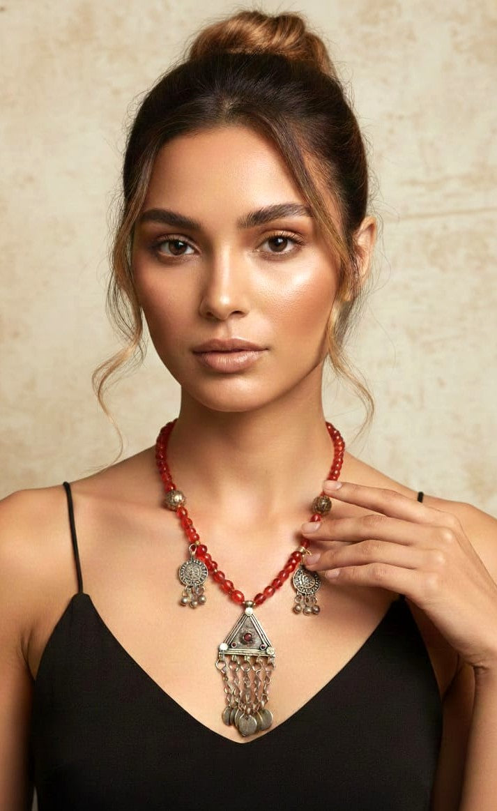 Red Bead Triangle Pendant Necklace